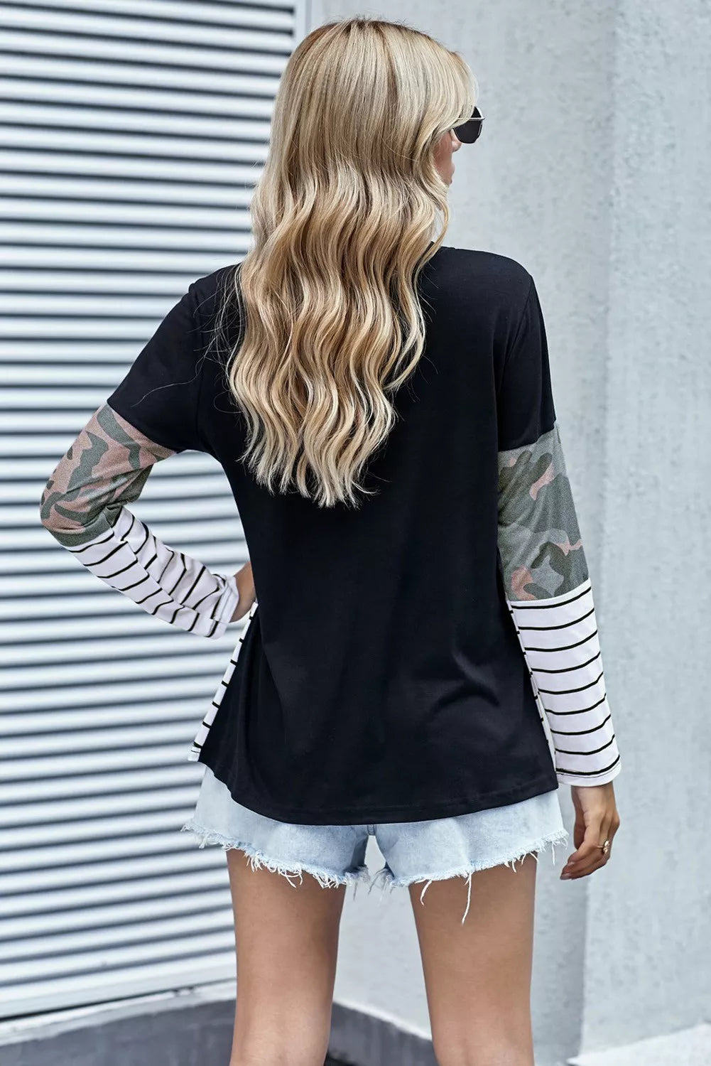 Striped Patchwork Long Sleeve Top with Pocket