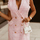 Pink Frayed Edge Double Breasted Tweed Vest Dress