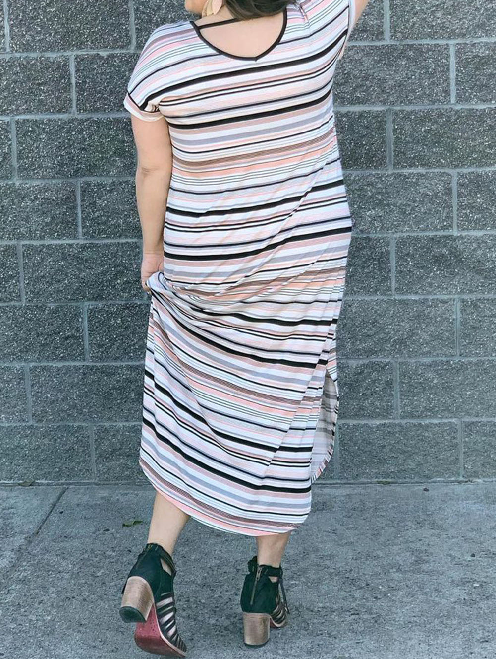 White Striped Print V Neck Side Split Plus Size Dress