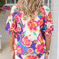Floral Split Neck Frilled Bubble Sleeve Blouse