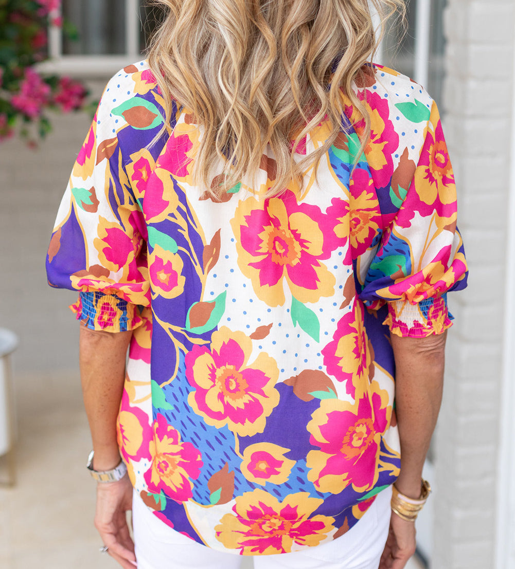 Floral Split Neck Frilled Bubble Sleeve Blouse