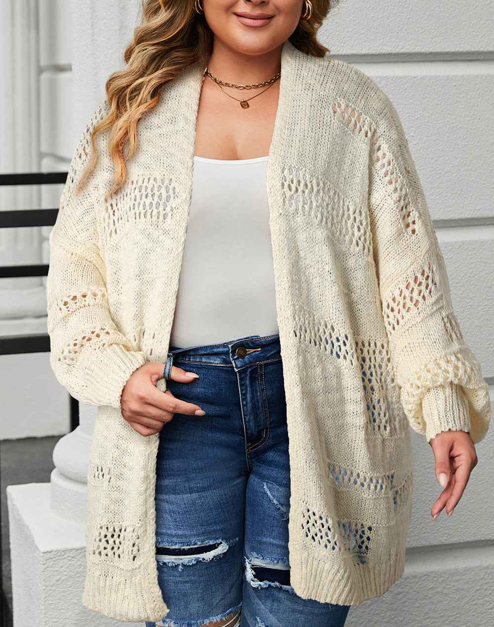 Plus Size Slouchy Hollowed Knit Open Front Cardigan