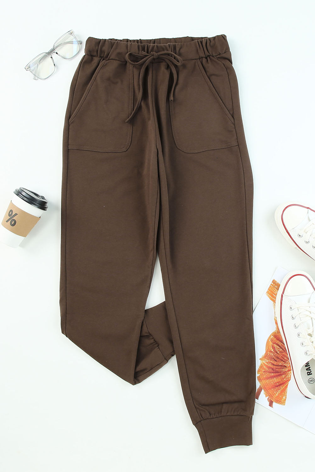 Brown Solid Drawstring Elastic Waist Pants with Pocket