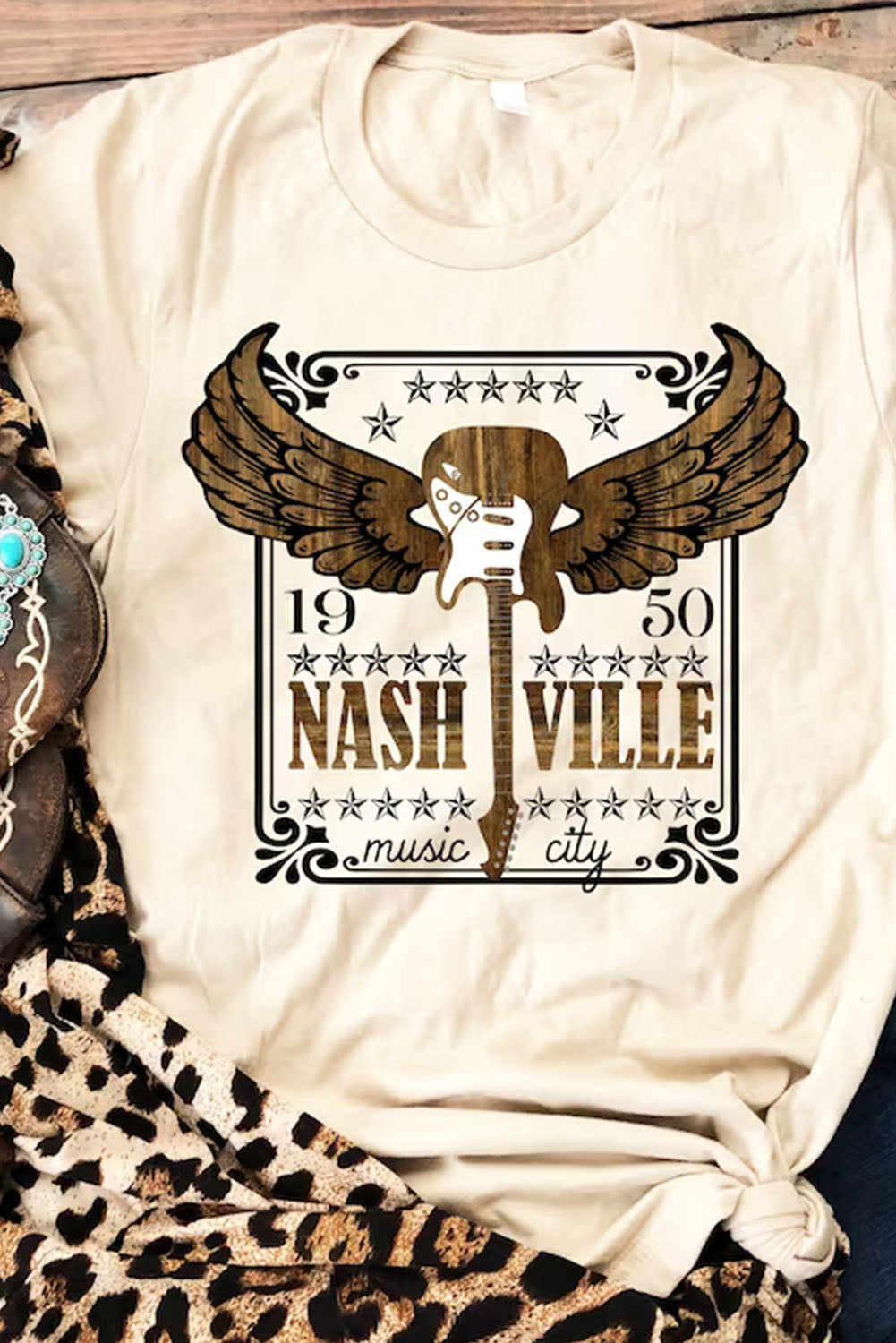 NASHVILLE Guitar Wings Graphic Print Crewneck T Shirt