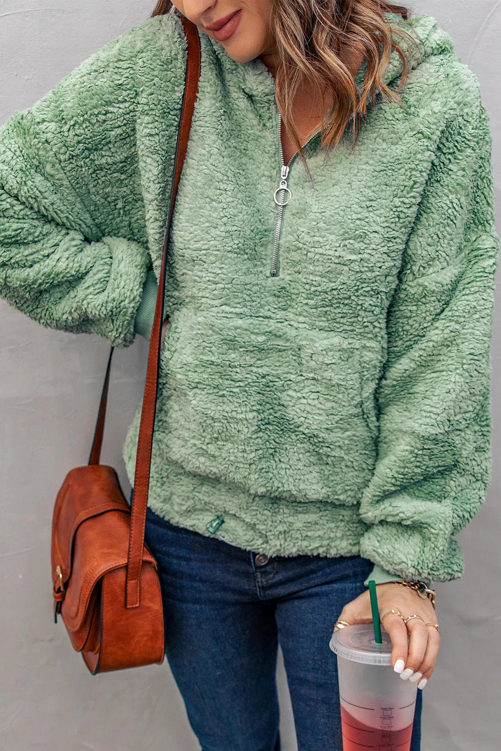 1/4 Zip Hooded Sherpa Sweatshirt with Kangaroo