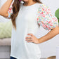 Contrast Floral Puff Sleeve Ribbed Knit Plus Size Blouse