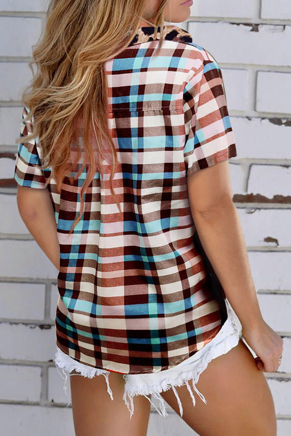 Plaid Leopard Patchwork Pocket Short Sleeve Shirt