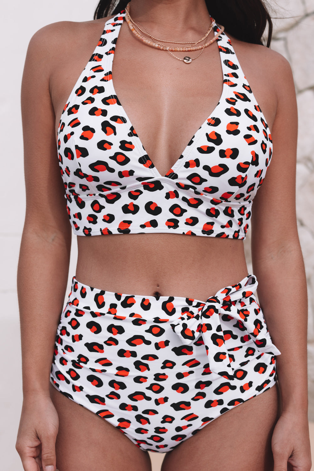 Halter V Neck Leopard High Waisted Swimsuit