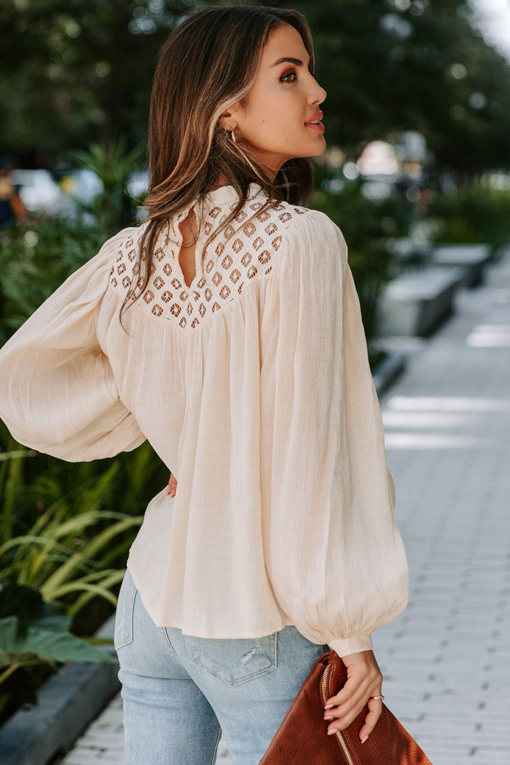 Crochet Lace Textured Balloon Sleeve Blouse