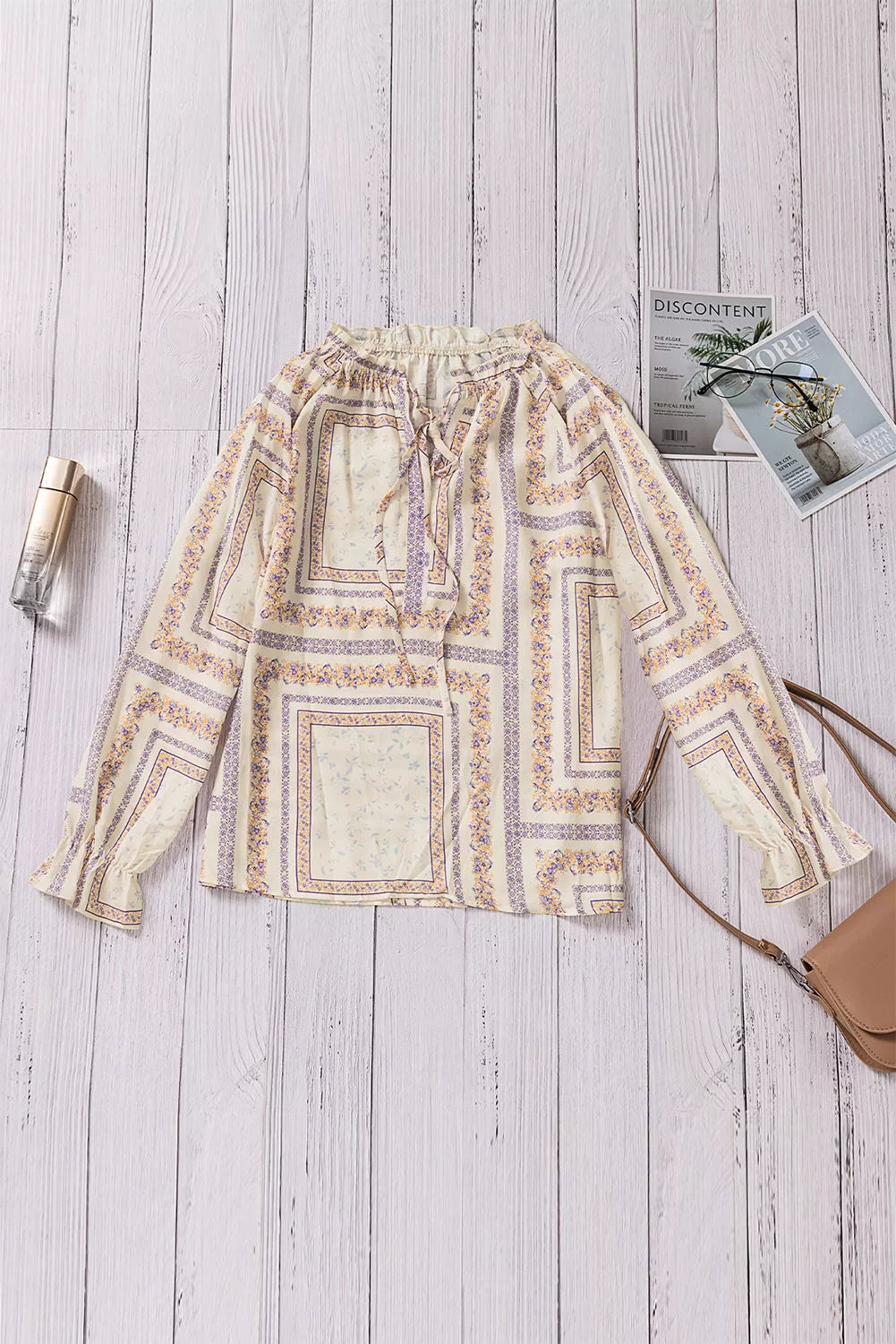 Beige V Neck Lantern Sleeve Drawstring Tribal Print Top