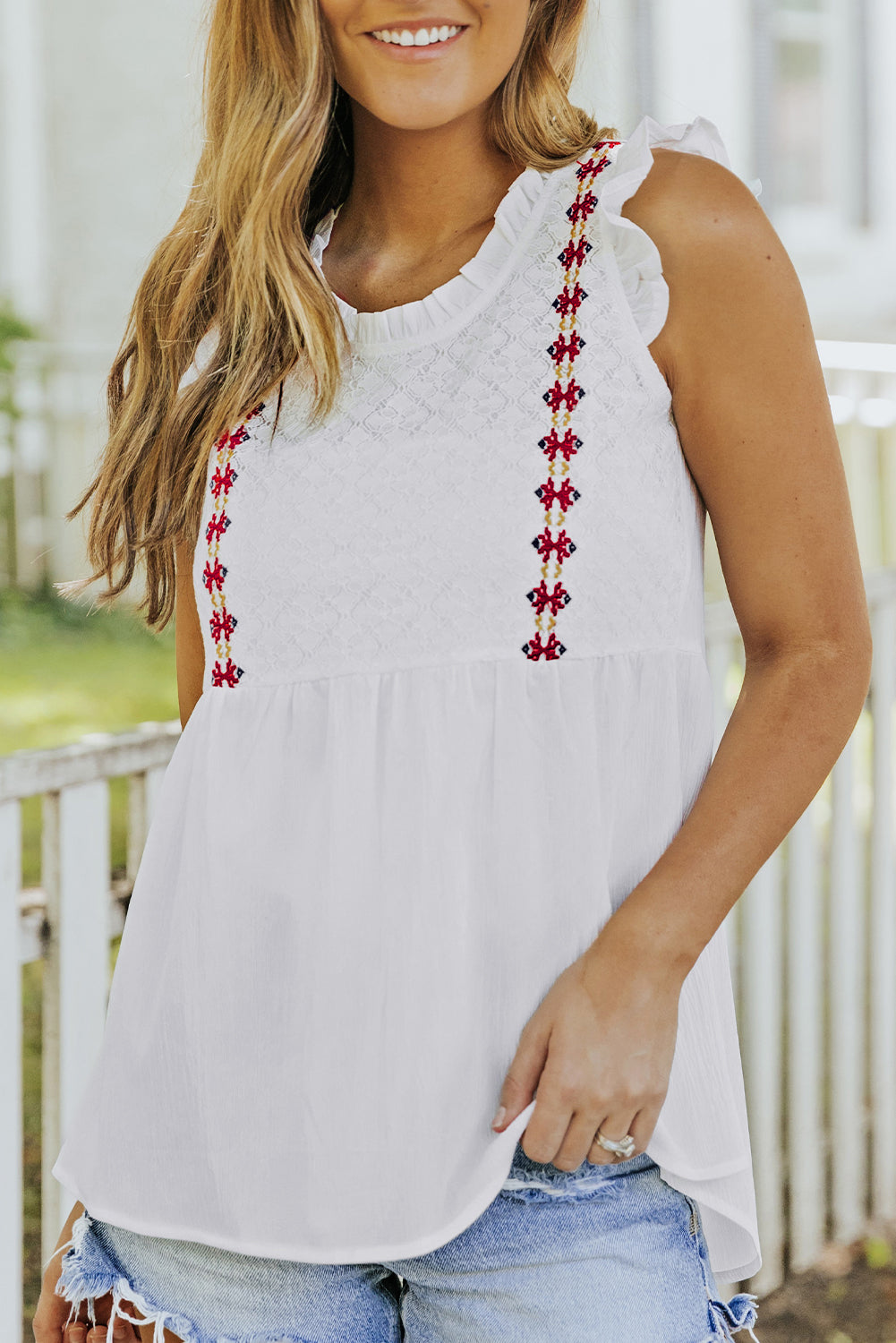 Lace Splice Ruffles Pleated Babydoll Tank Top