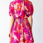 Rose Floral Smocked Waist Bubble Sleeve Flare Dress