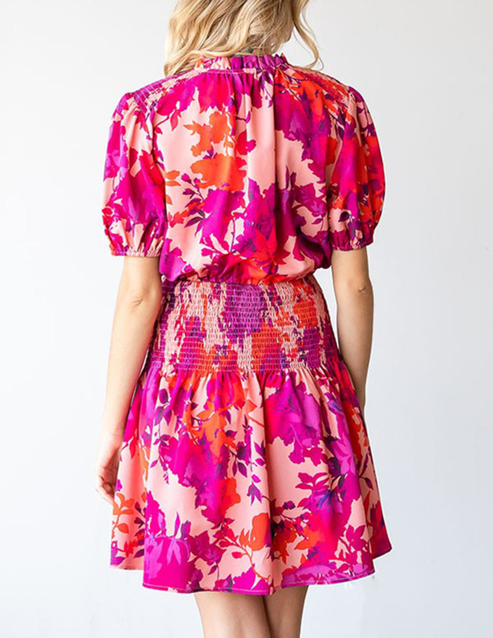 Rose Floral Smocked Waist Bubble Sleeve Flare Dress