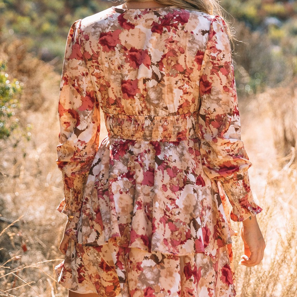 Floral Print V Neck Wrap Tiered Dress