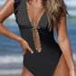 Black Leopard Tie Plunging Neck One Piece Swimsuit