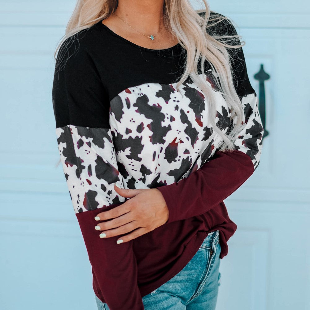 Cow Print Color Block Long Sleeve Blouse