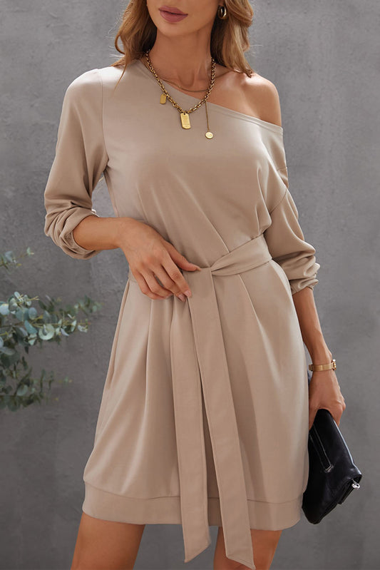 Khaki Crewneck Long Sleeve Belted Casual Mini Dress