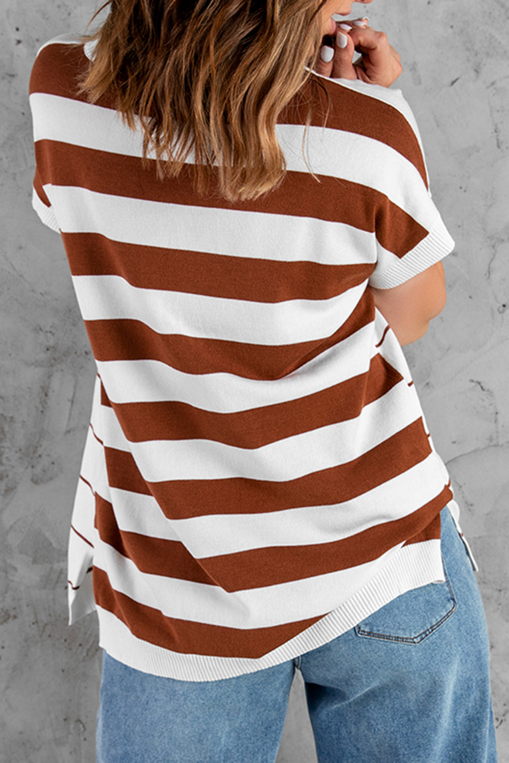 Brown Striped Knit Sweater Short Sleeve Top
