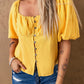 Yellow Ruched Buttoned Puff Sleeve Blouse