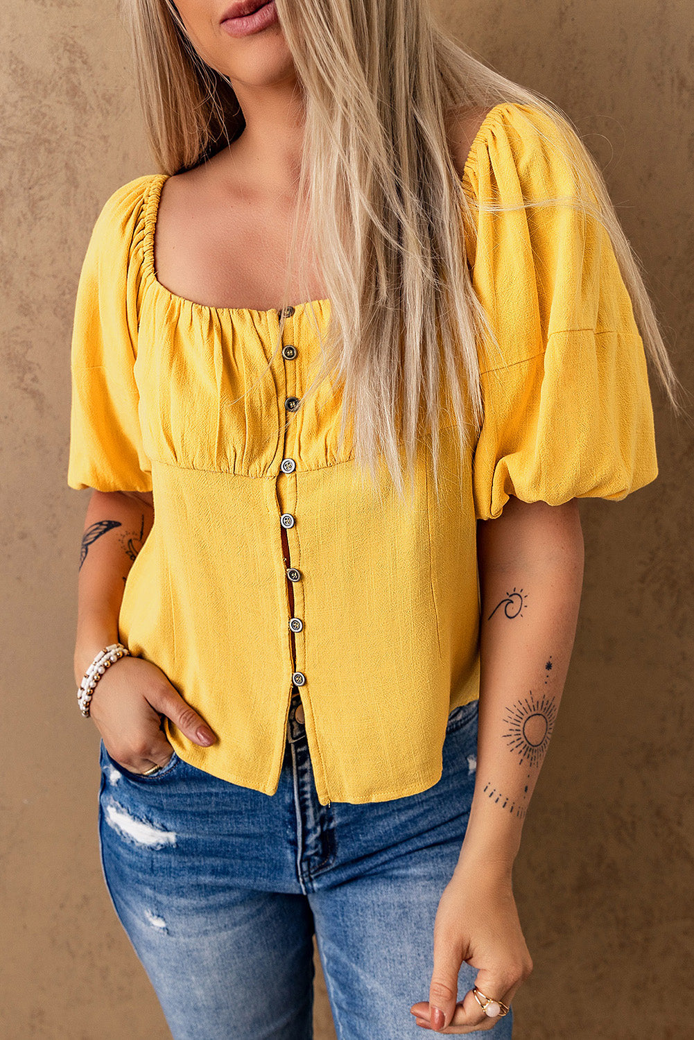 Yellow Ruched Buttoned Puff Sleeve Blouse