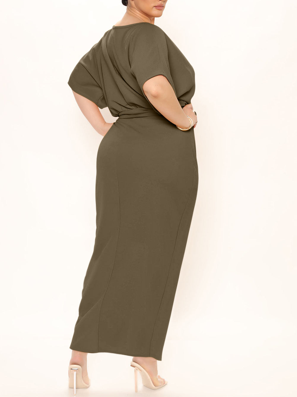 Green Belted High Waist Side Slit Plus Size Maxi Dress