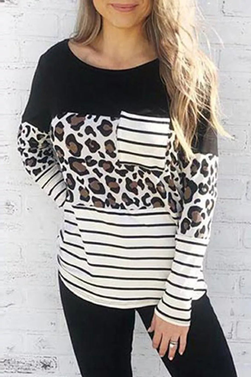 Striped Patchwork Long Sleeve Top with Pocket