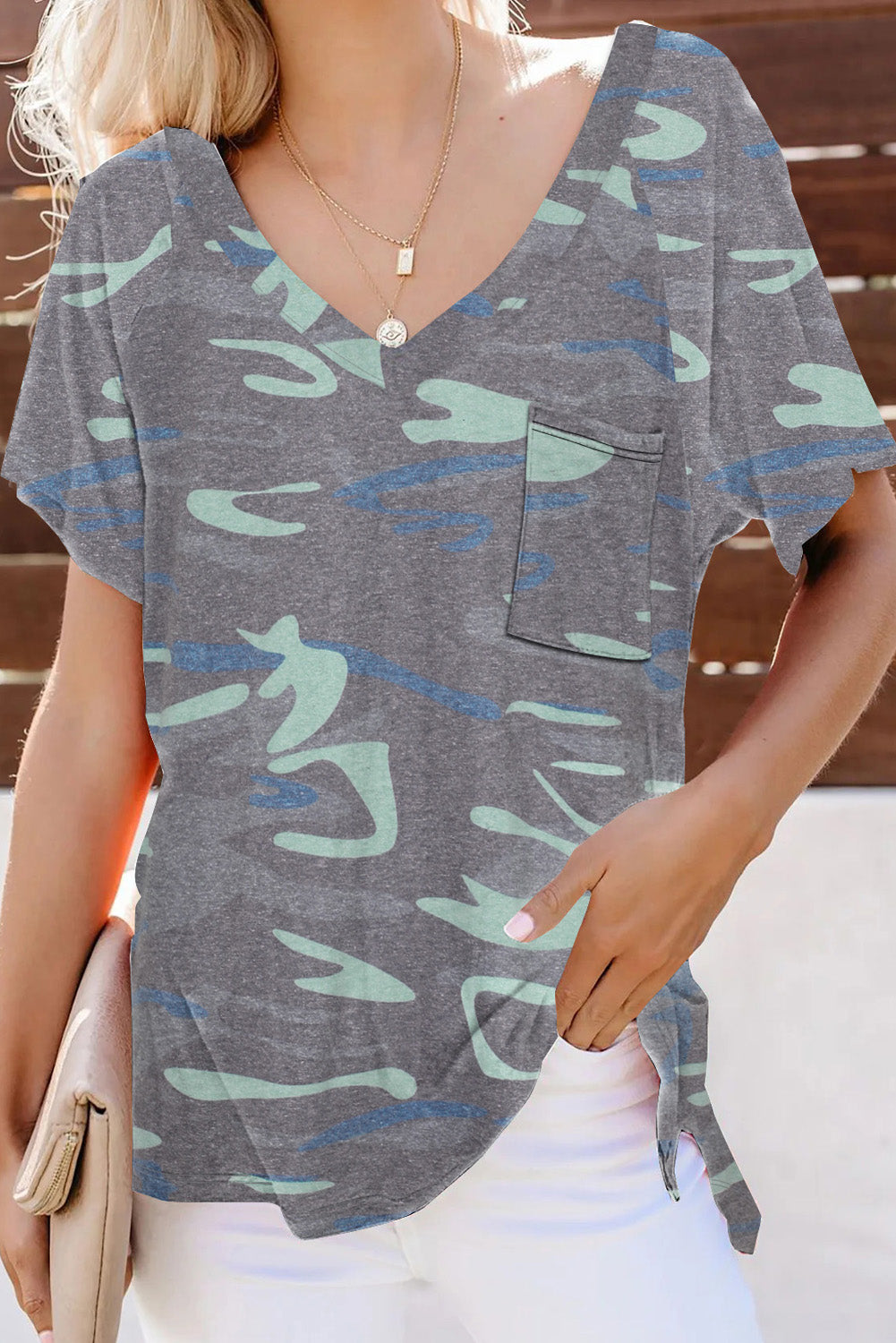 V Neck Front Pocket Leopard Tee