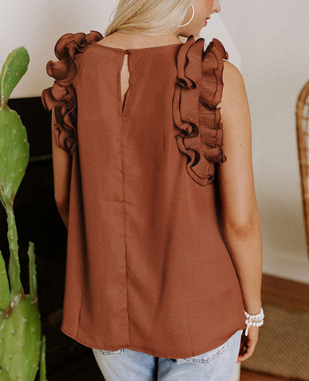 Brown Ruffles Armhole Tank Top
