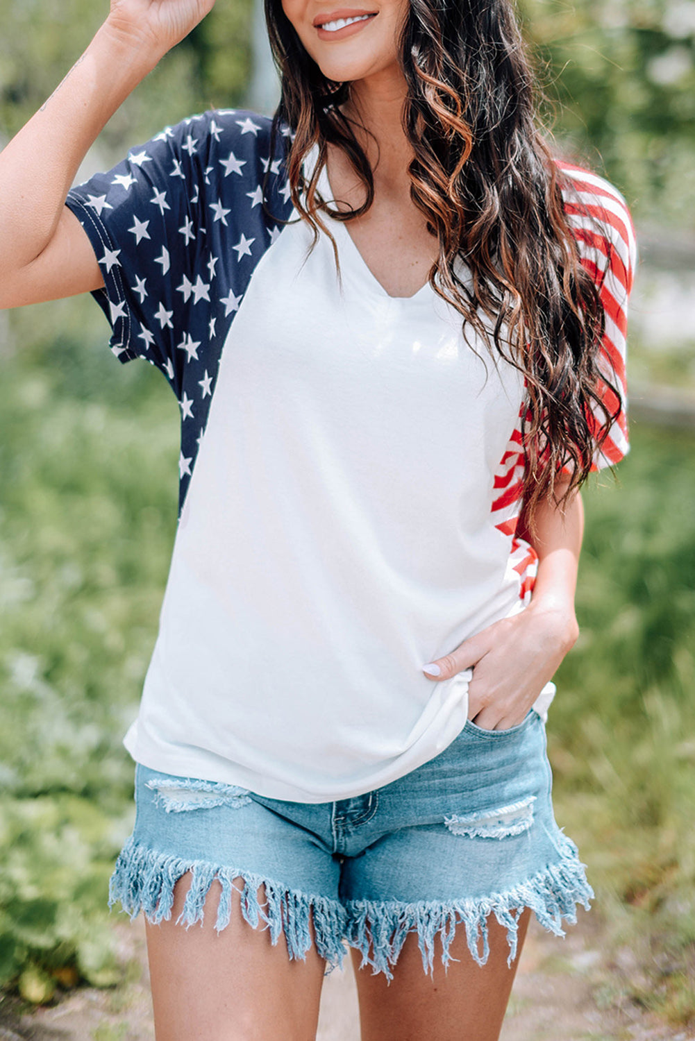 White The US Stars and Stripes V Neck Tee