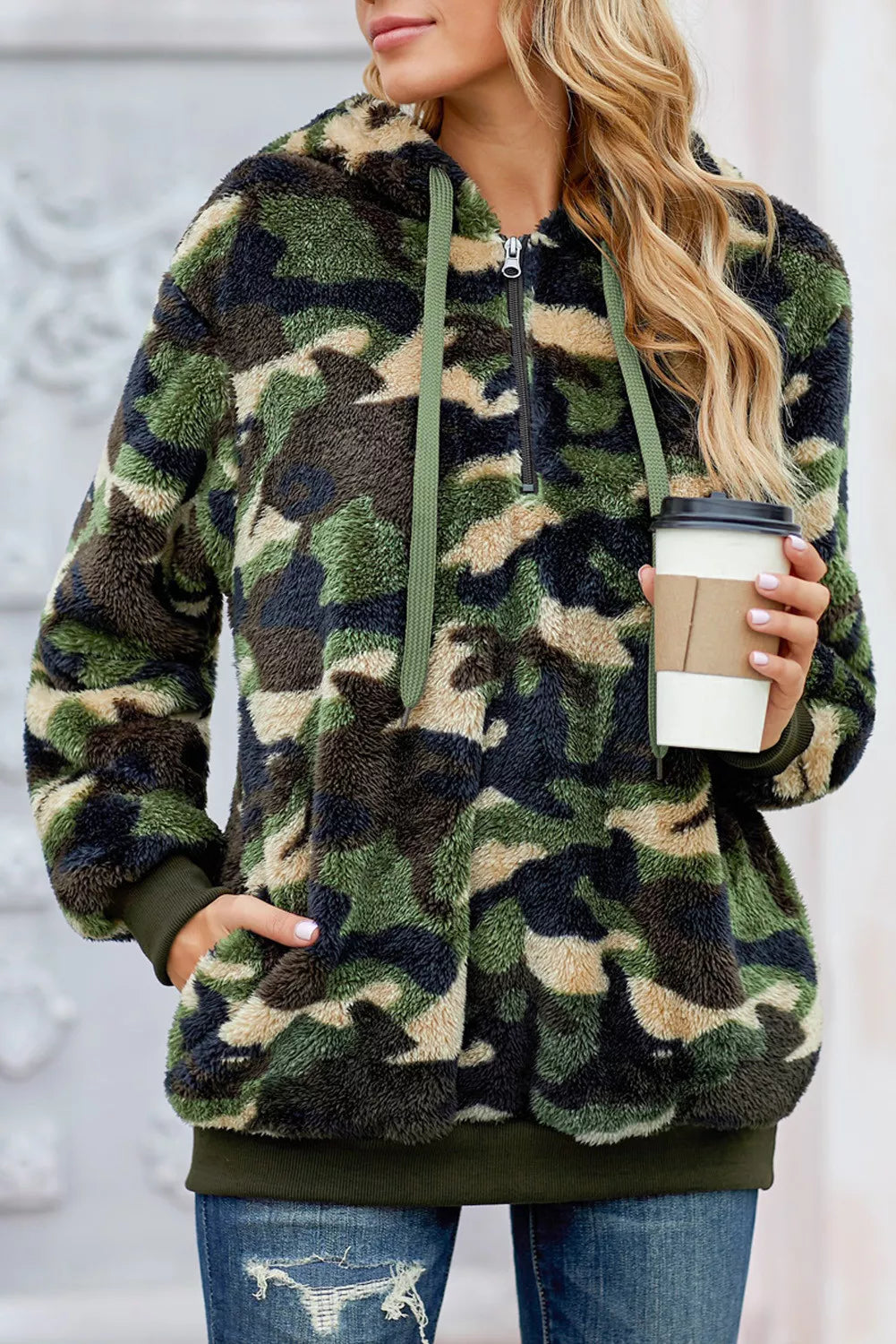 Camo Print Warm Furry Pullover Hoodie