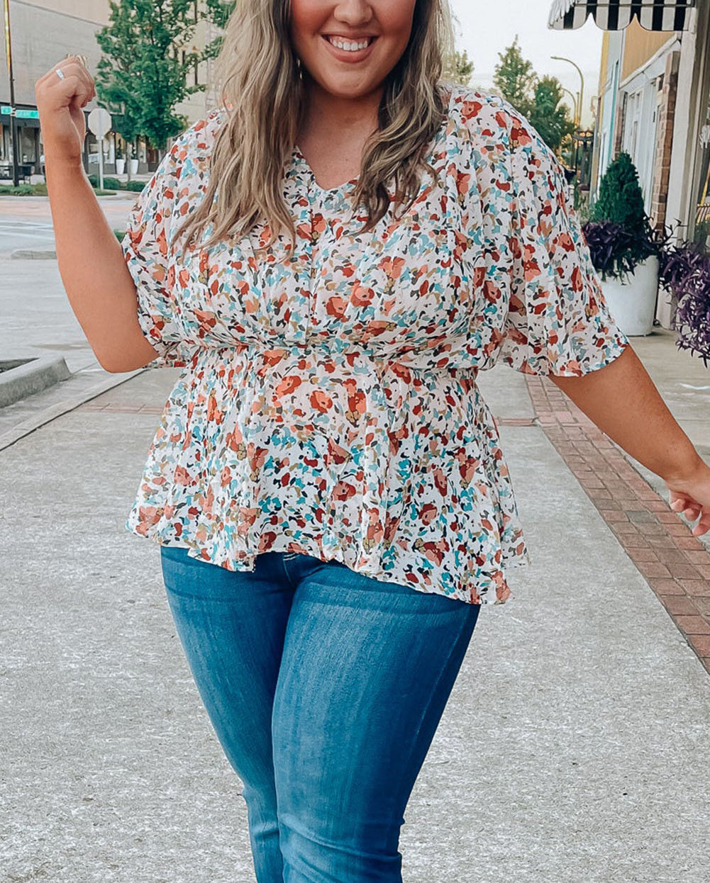 Apricot Plus Size Floral Print V Neck Peplum Blouse