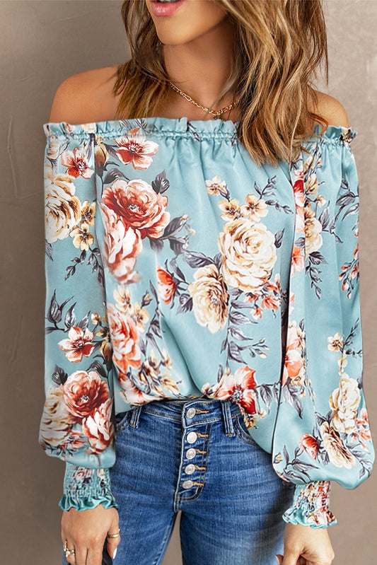 Sky Blue Ruffled Off Shoulder Long Sleeve Floral Blouse