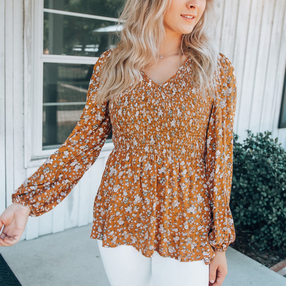 Floral Print Shirred Long Sleeve V Neck Blouse