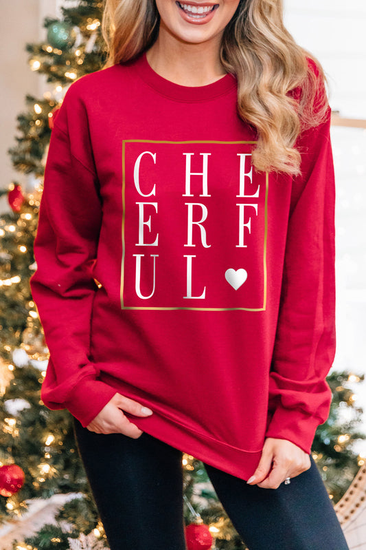 Red CHEERFUL Glitter Graphic Print Pullover Sweatshirt