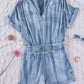 Sky Blue V Neck Smocked Waist Pocketed Chambray Romper