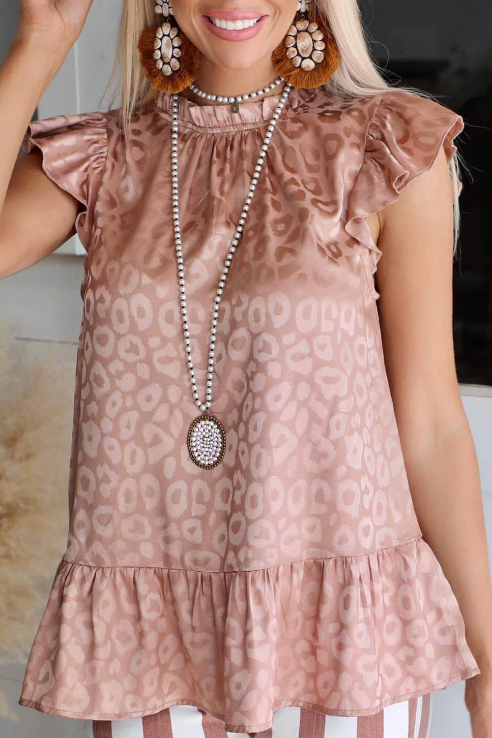 Pink Leopard Ruffled Flutter Sleeve Blouse