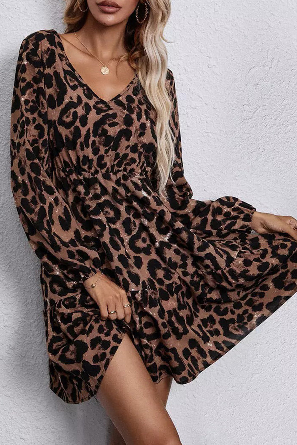 Leopard Ruffled Elastic Cuff Mini Dress