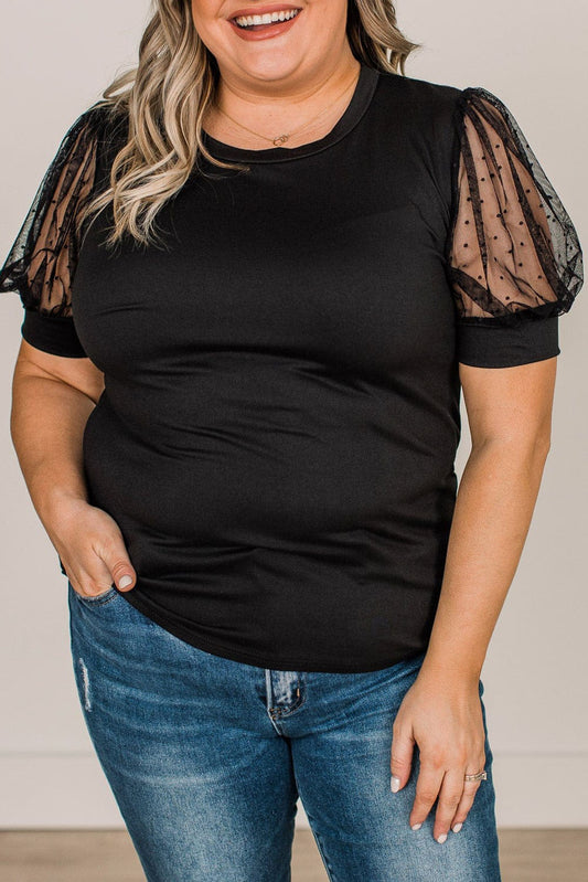 Black Dotty Mesh Splicing Bubble Sleeve Plus Size Top