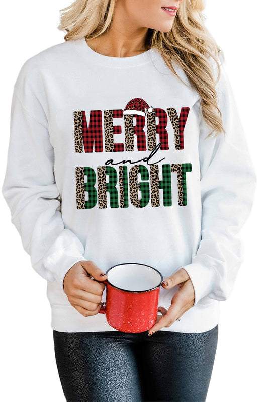 White MERRY BRIGHT Leopard Plaid Print Graphic Sweatshirt