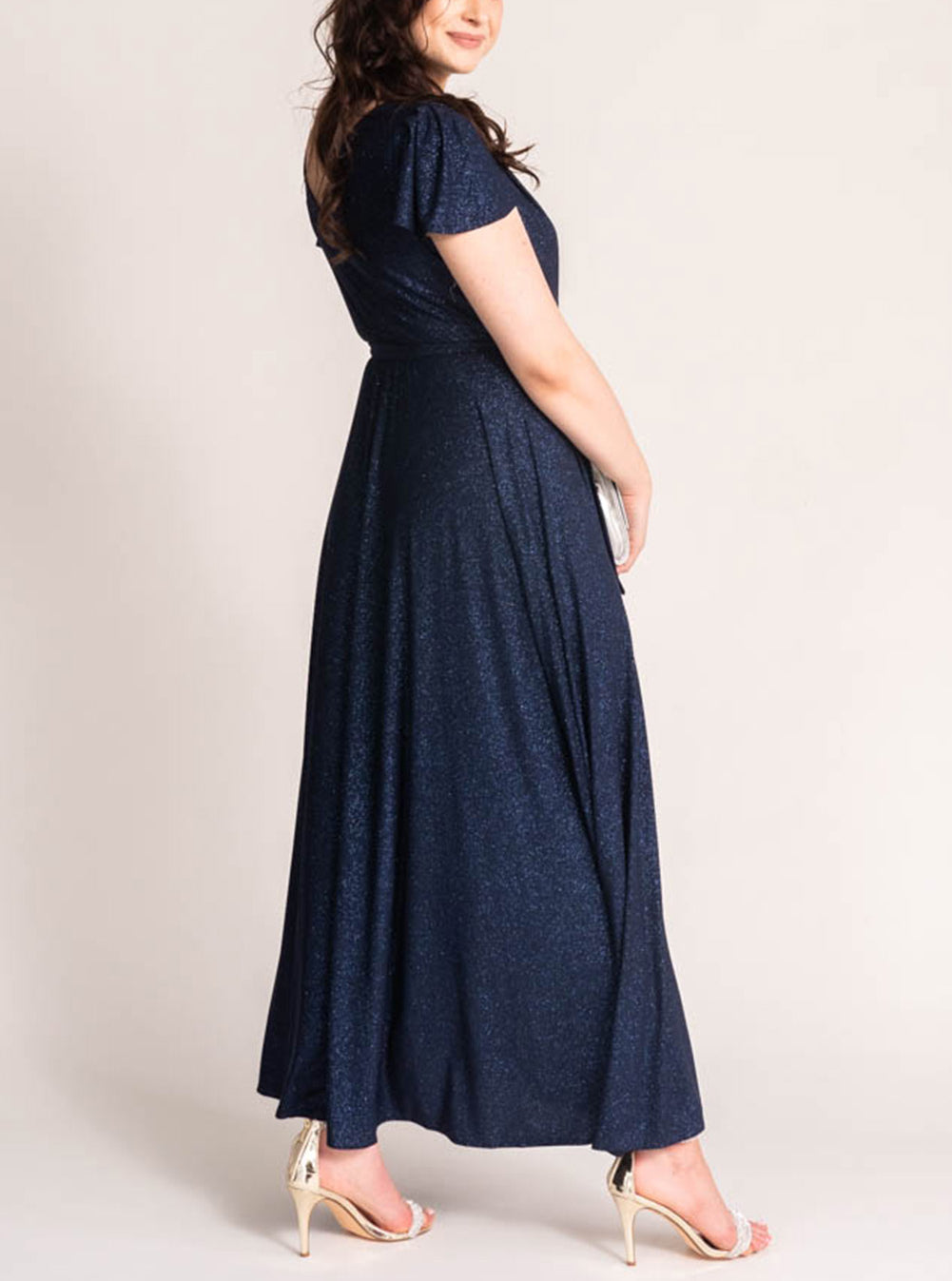 Blue Flutter Sleeve Wrap V Neck Plus Size Belted Dress