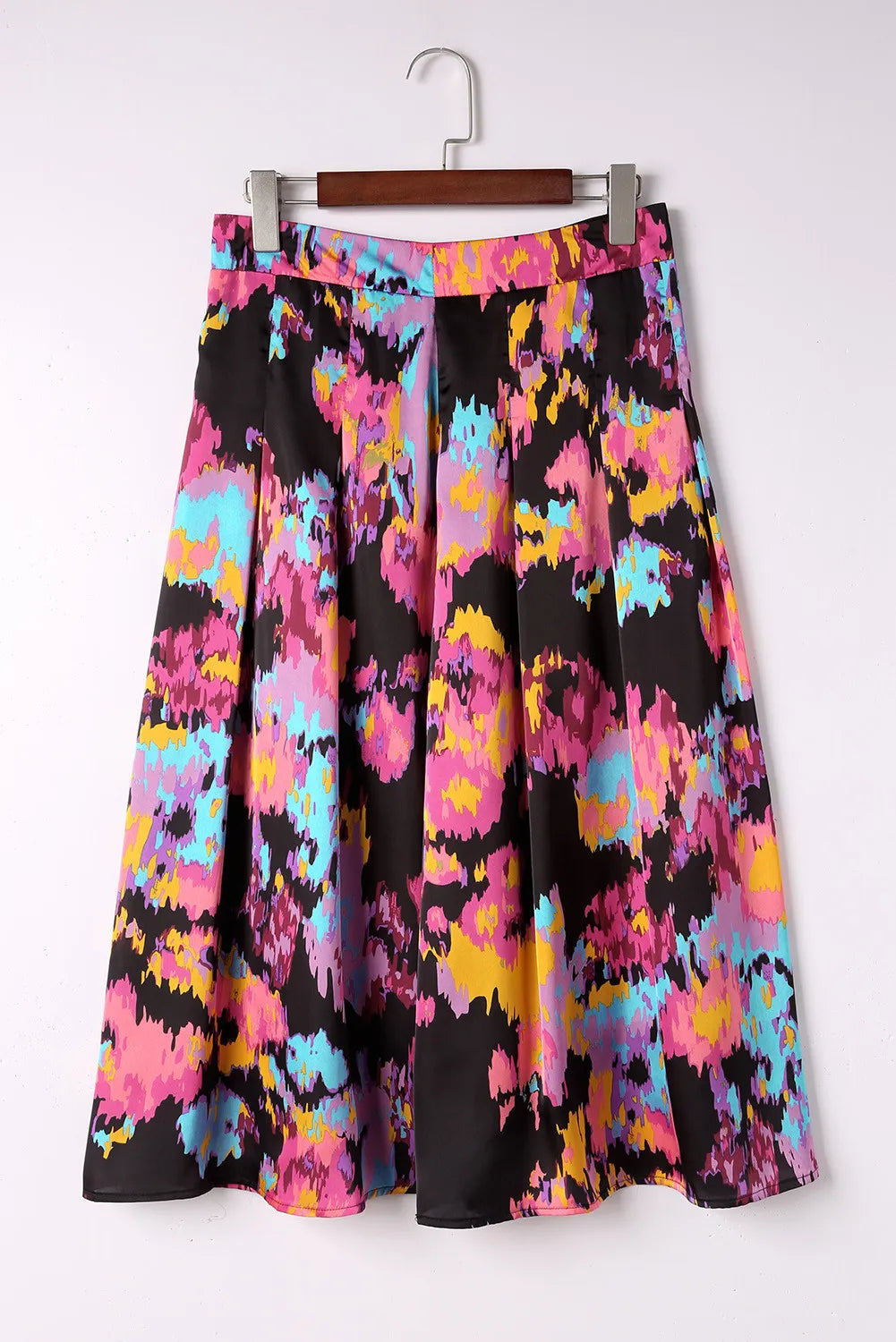 Black Abstract Floral Print Pleated Slit Skirt