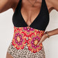 Leopard Floral Criss Cross Deep V Neck One-piece Swimwear