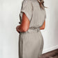 Gray Buttoned Pockets Lace-up Belt High Waist Romper