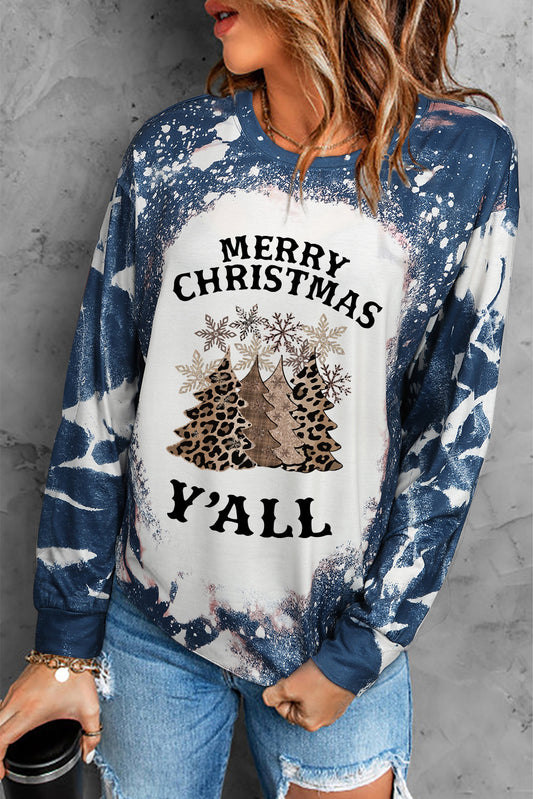 Merry Christmas Y'all Tree Tie Dye Print Long Sleeve Top