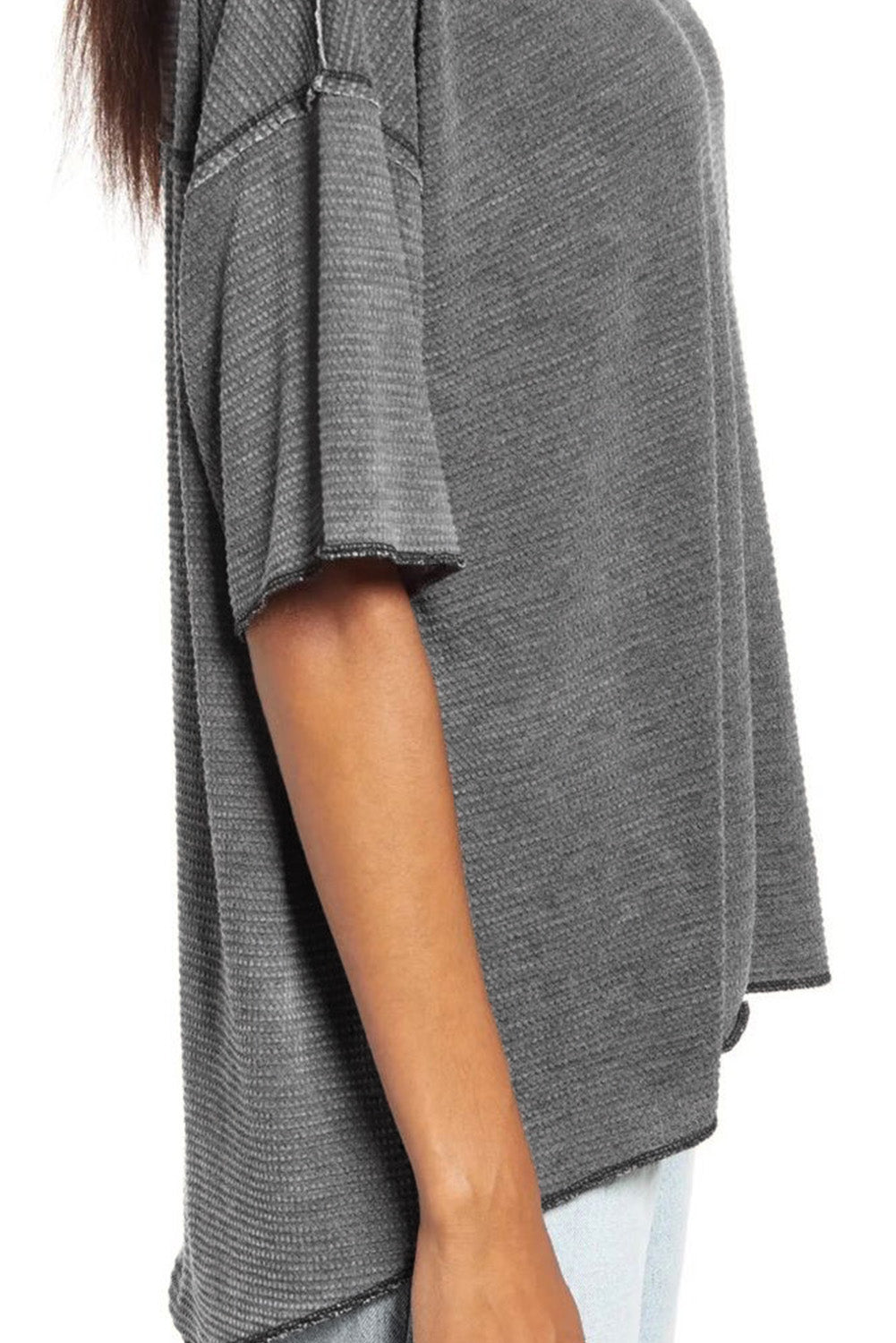 Gray Waffle Knit Seamed Half Sleeve V Neck Top