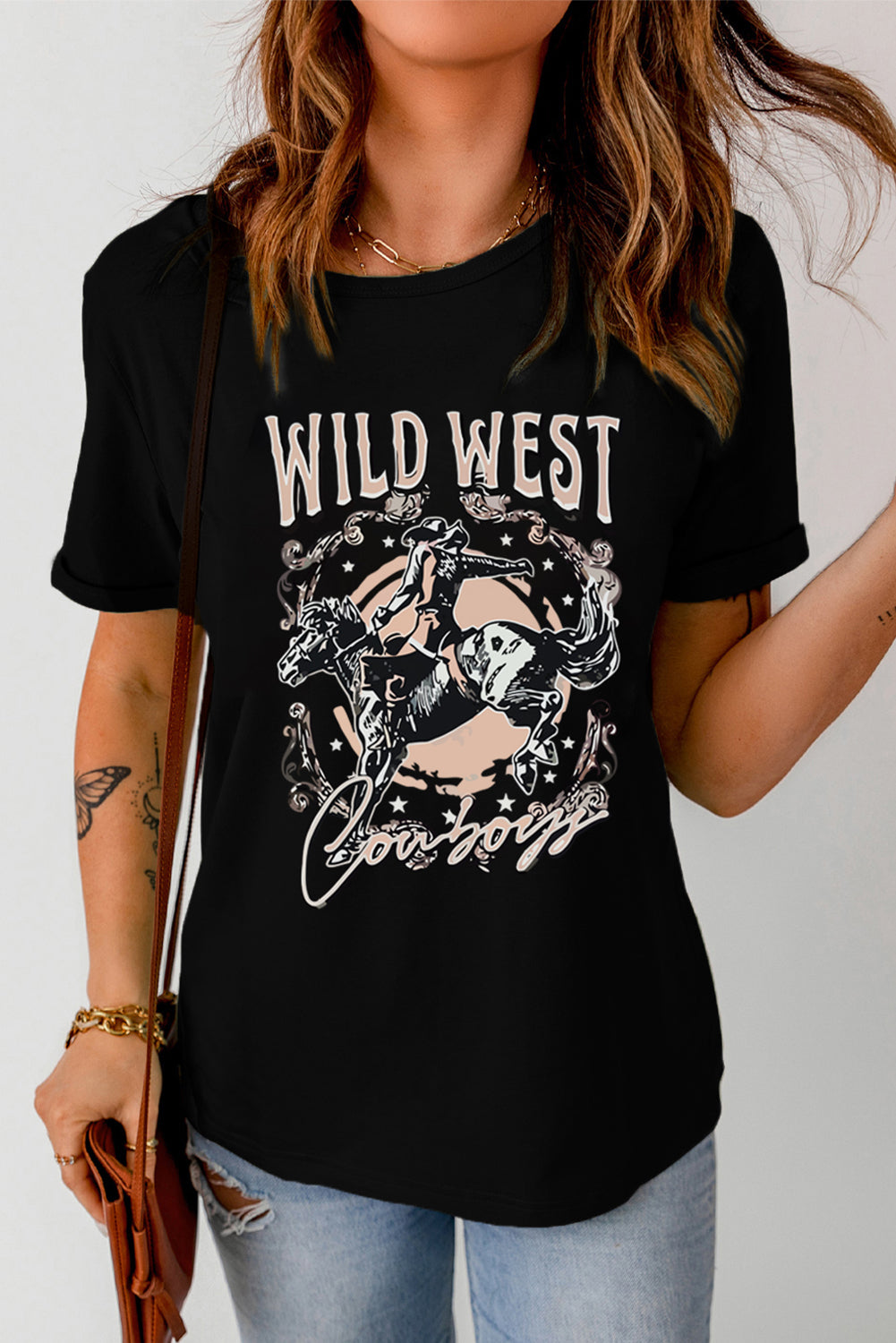 Black WILD WEST Cowboys Graphic Print Crewneck T Shirt