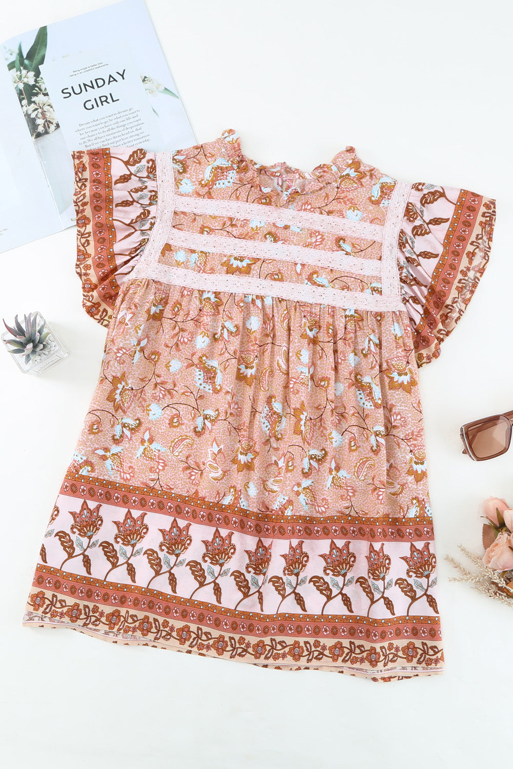 Orange Floral Print Ruffled Crew Neck Sleeveless Top