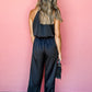 Black Halter Neck Sleeveless Wide Leg Jumpsuit with Belt