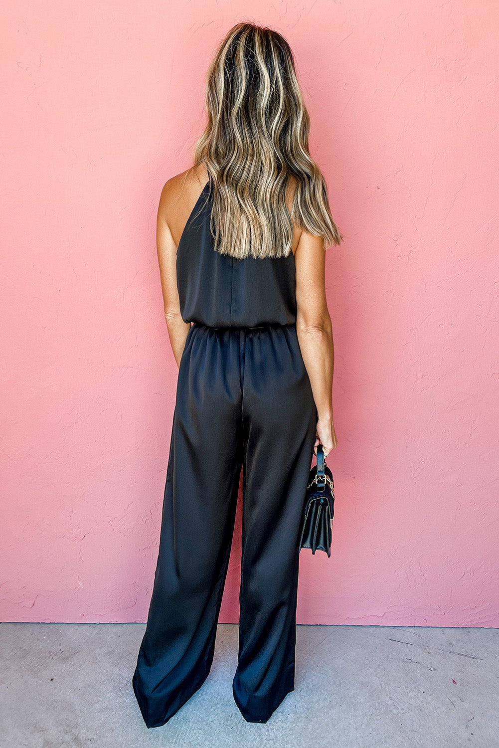 Black Halter Neck Sleeveless Wide Leg Jumpsuit with Belt