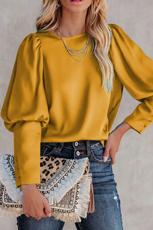 Yellow Satin Buttoned Cuffs Puff Sleeve Top